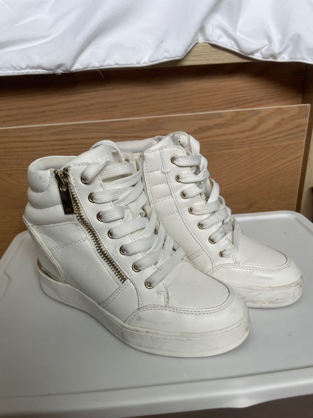 Aldo White High-Top Wedge Sneakers with Gold Zip Accents